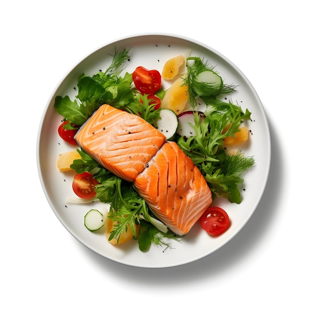 A plate of salmon with a salad of vegetables and tomatoes.