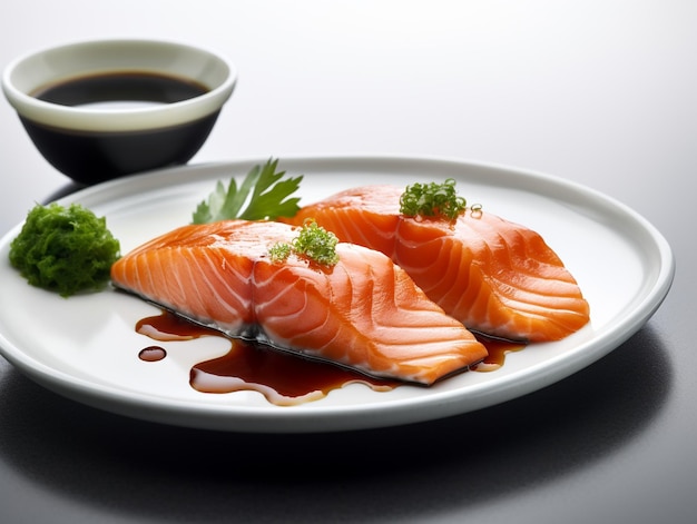 A plate of salmon with a sauce and a cup of soy sauce