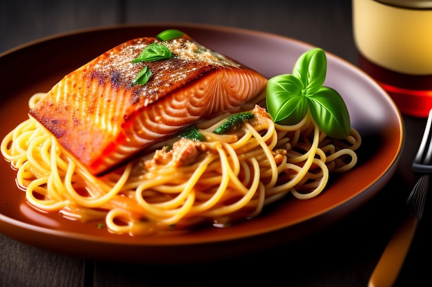 A plate of salmon with spaghetti and basil on the side