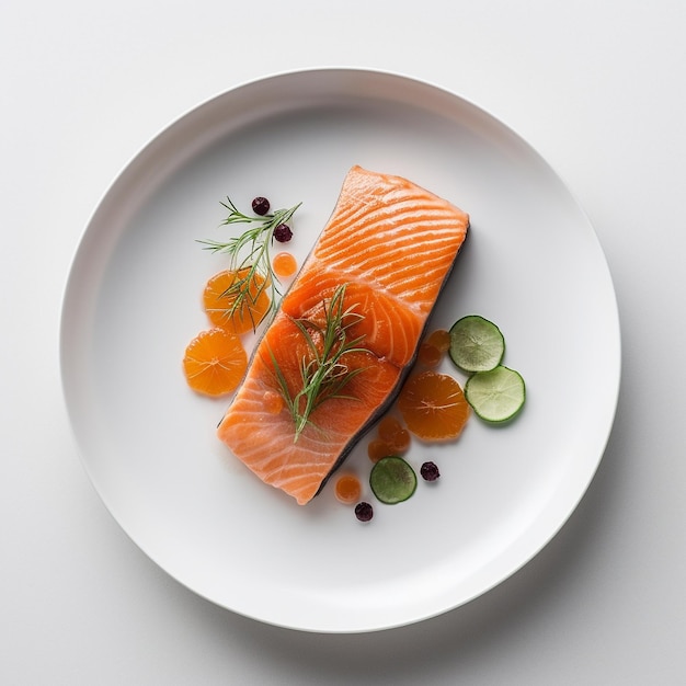 A plate of salmon with a sprig of cucumber on it