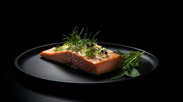 A plate of salmon with a sprig of dill on it