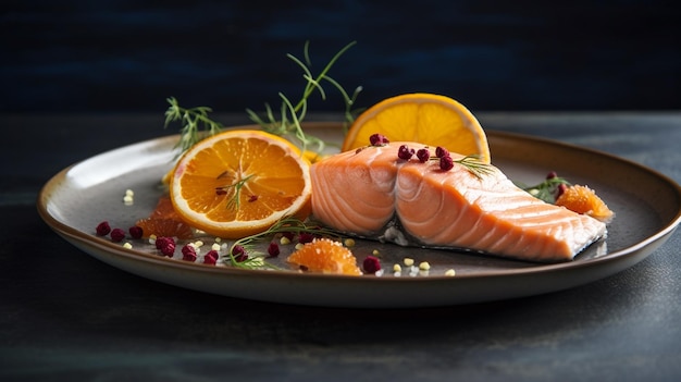 Photo a plate of salmon with a sprig of rosemary on it