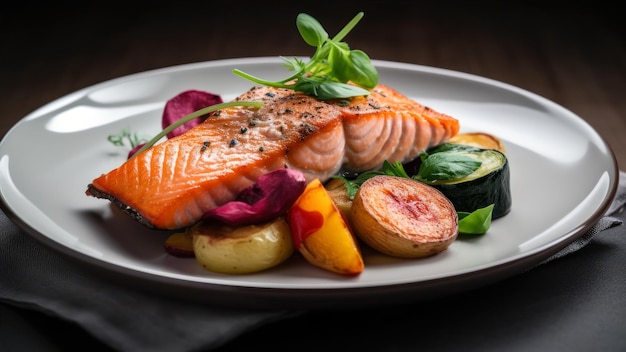 Foto un piatto di salmone con verdure e frutta