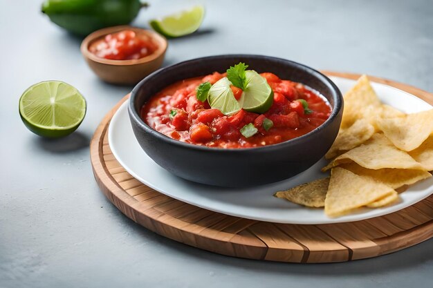 Photo a plate of salsa with salsa and chips