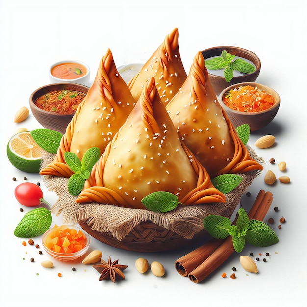 a Plate Samosa with sauce isolated white background