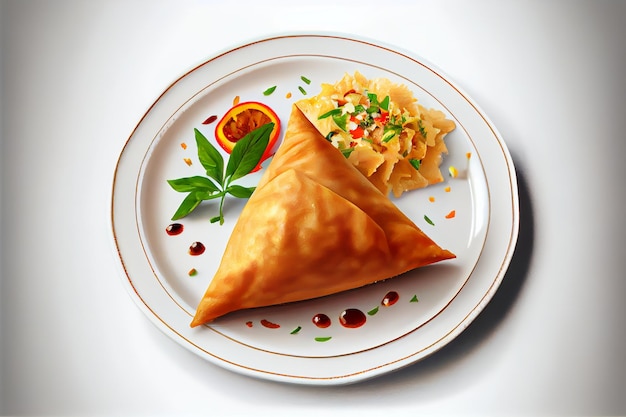 A plate of samosa with a sauce and a vegetable on it