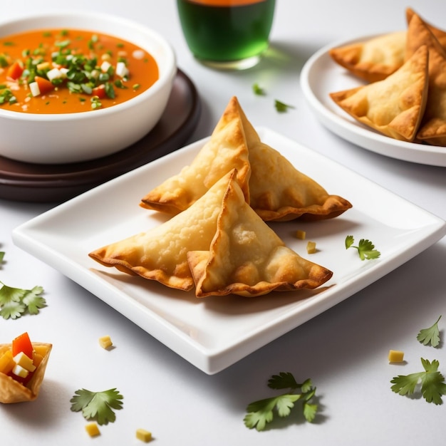 A plate of samosas served with an array of chutneys and dipping sauces