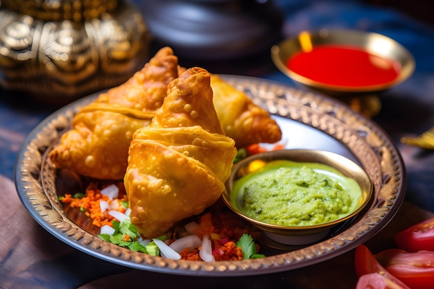 A plate of samosas with guacamole