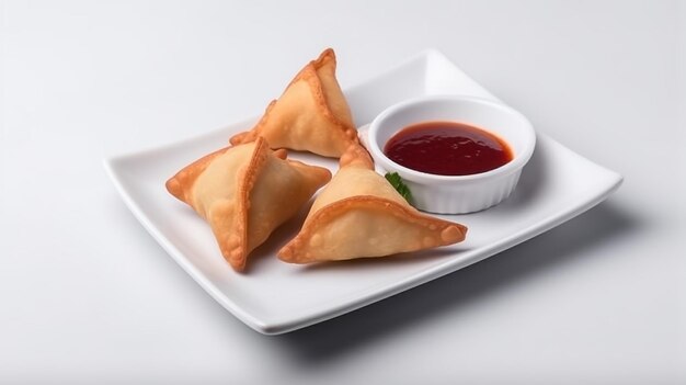 A plate of samosas with ketchup and tomato sauce.