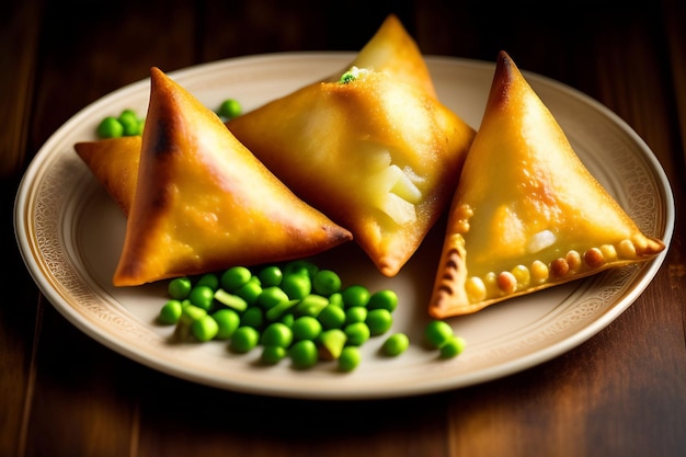 A plate of samosas with peas on it