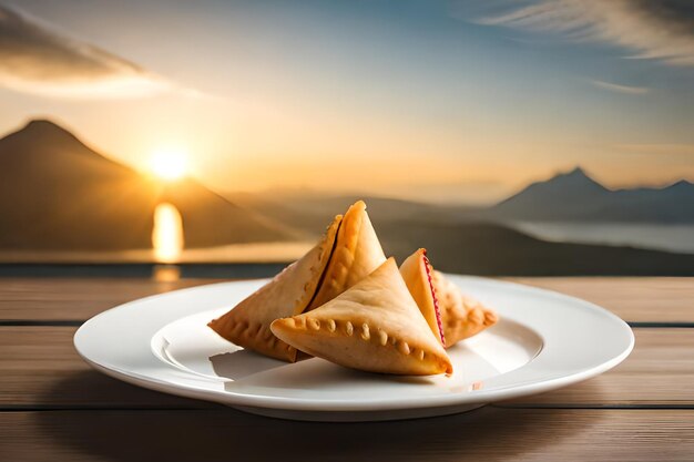 A plate of samosas with a sunset in the background