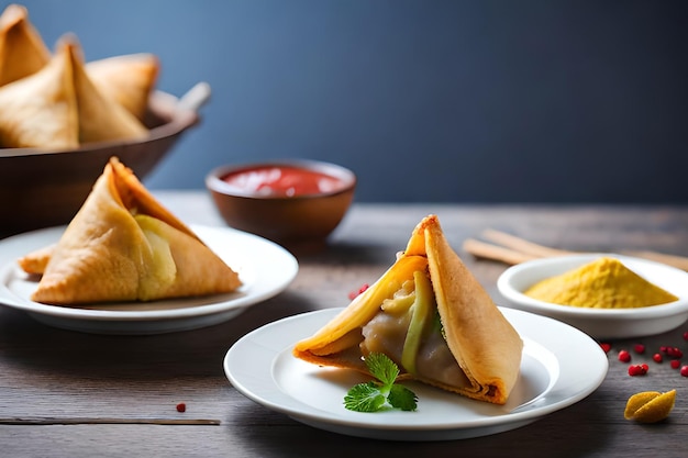 A plate of samosas with tomato sauce on the side