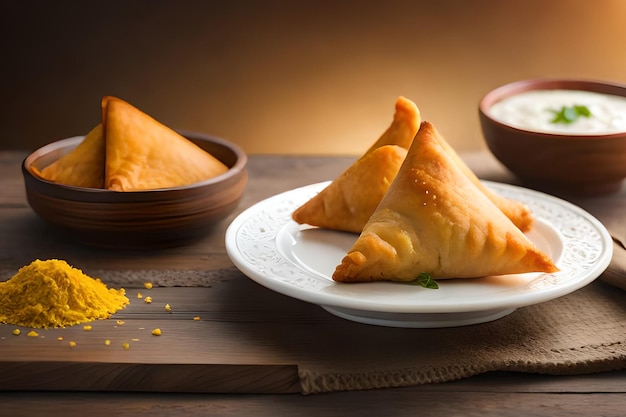 A plate of samosas with yellow turmeric on it