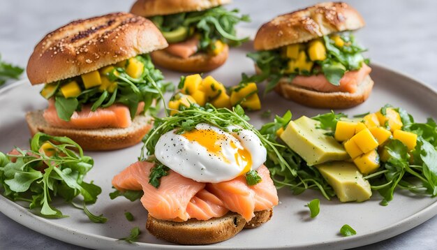 Photo a plate of sandwiches with eggs meat and vegetables