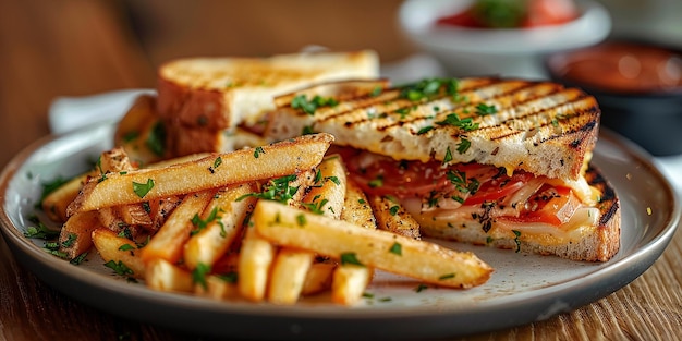 a plate of sandwiches with french fries and ketchup on it