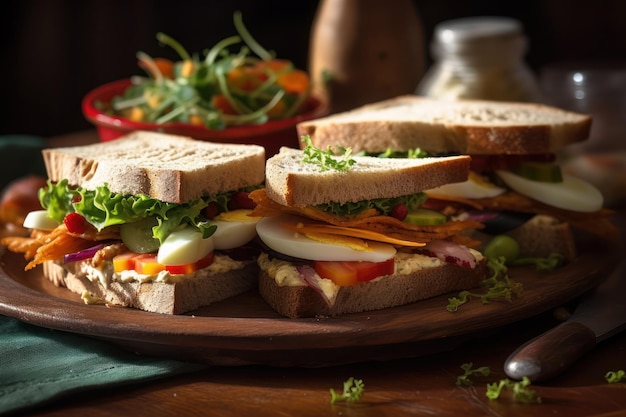 A plate of sandwiches with a salad on it