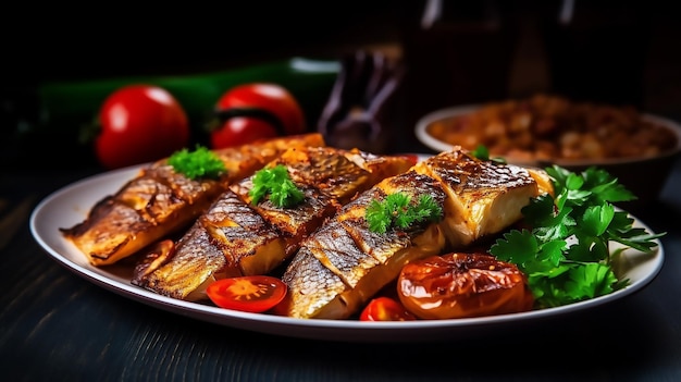 A plate of sardines with tomatoes and parsley on the side