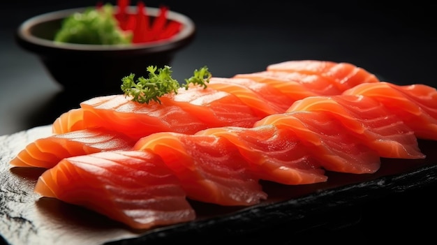 A plate of sashimi with a bowl of green chili on the side