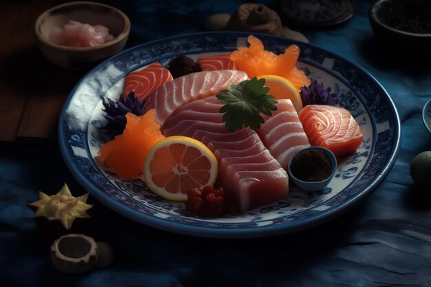 A plate of sashimi with a variety of sashimi.