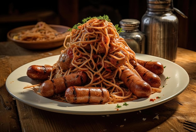 a plate of sausage on a wooden table in the style of photo taken with provia