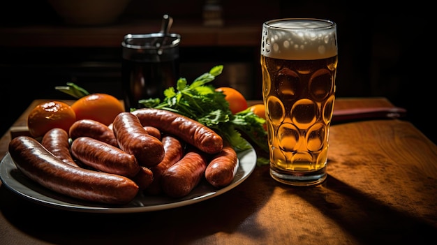 Photo a plate of sausages and a glass of beer