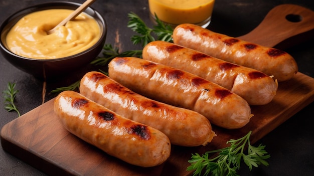 A plate of sausages with a bowl of mustard.