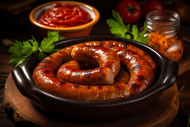 A plate of sausages with a bowl of tomato sauce.