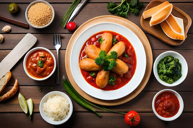 A plate of sausages with sauce and other food on a table.