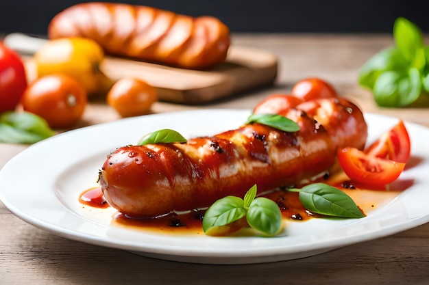 A plate of sausages with tomato sauce and basil on the side