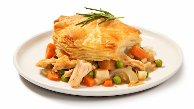 Photo plate of savory chicken pot pie with flaky pastry crust