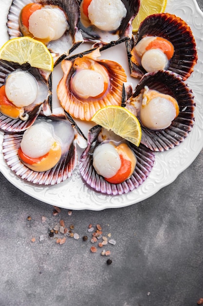 A plate of scallops with lemons on it
