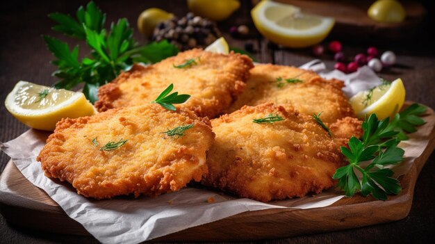 A plate of schnitzel with a lemon on the side