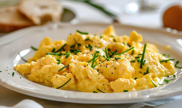 a plate of scrambled eggs with chives
