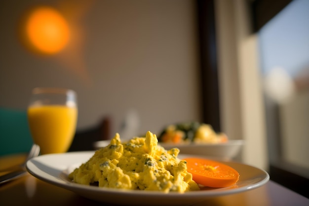 A plate of scrambled eggs with a glass of orange juice