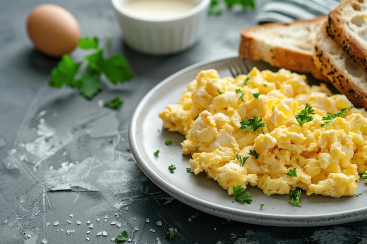 Photo a plate of scrambled eggs with toast floating in midair copy space