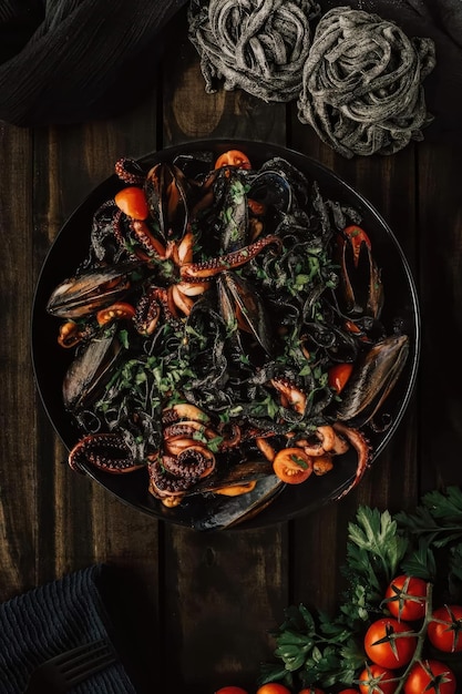 A plate of seafood and mussels with a black plate on a wooden table.