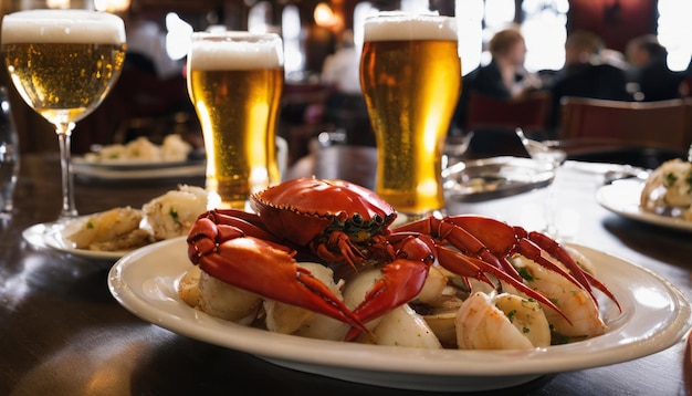 A plate of seafood with beer glasses in the background