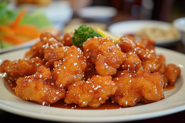 A plate of sesame chicken a dish commonly found in Chinese restaurants throughout the United States