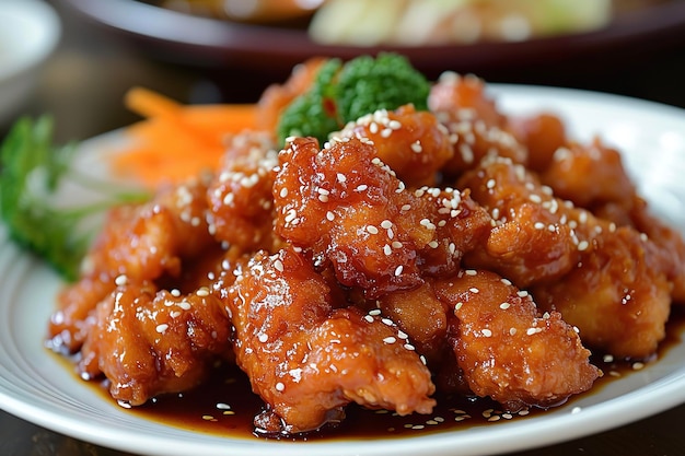 A plate of sesame chicken a dish commonly found in Chinese restaurants throughout the United States