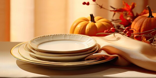 a plate set out for thanksgiving in the style of light beige and orange