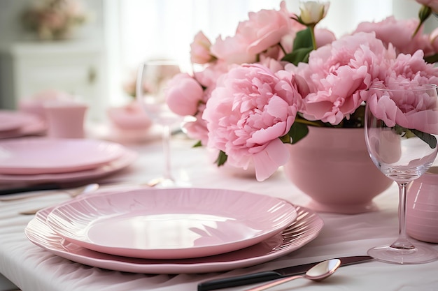 Plate settings for valentines day with peonies