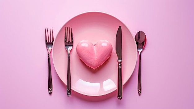 plate in shape of heart table knife and fork on pink