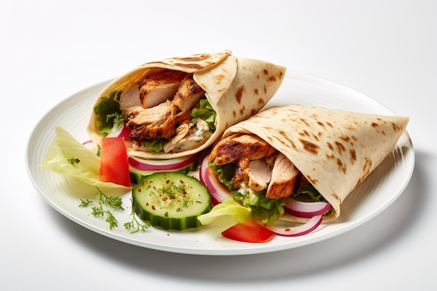 A plate of shawarma with a chicken breast and vegetables