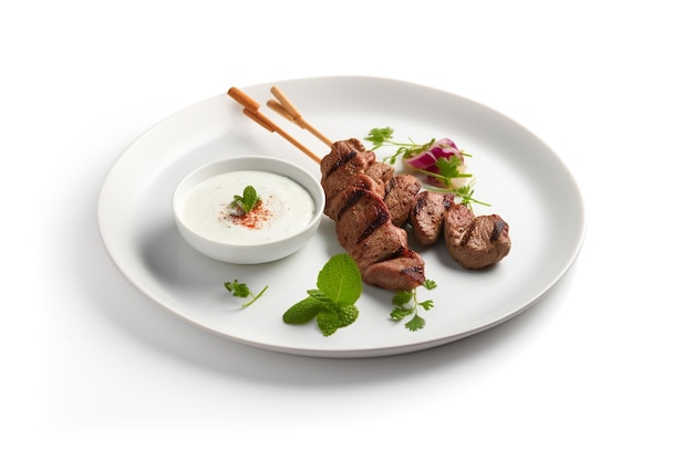 A plate of shish kebab with a bowl of yogurt and mint leaves.