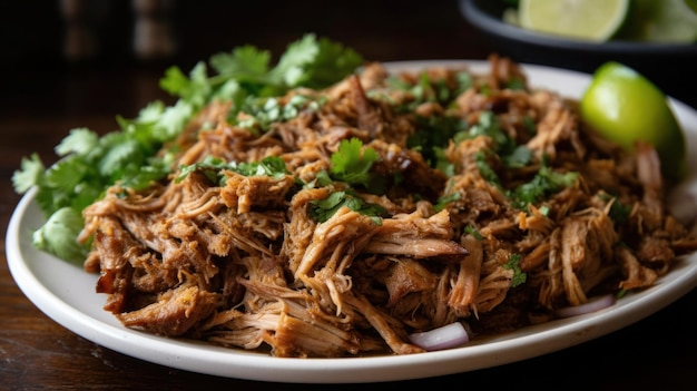 A plate of shredded pork with cilantro and cilantro