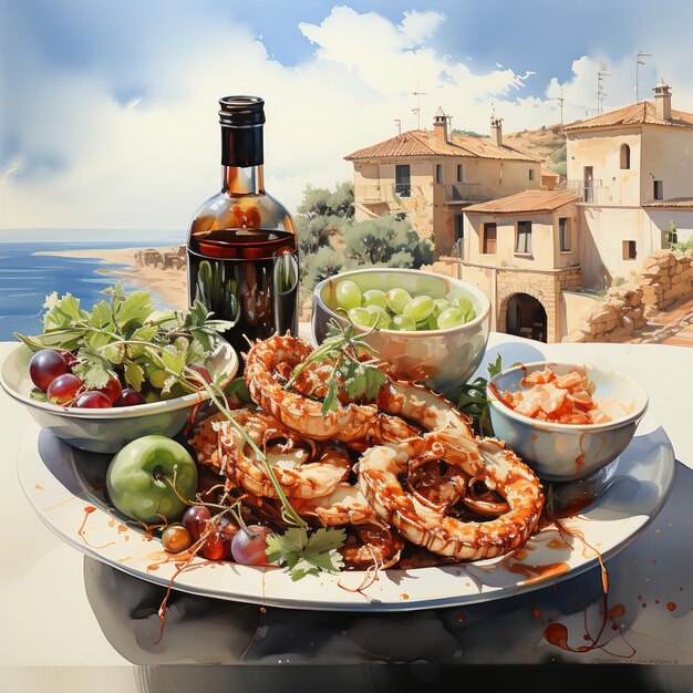 Photo a plate of shrimp and salad sits on a table