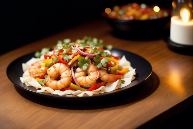 A plate of shrimp salad with a bowl of chopped vegetables on a table.