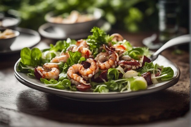 a plate of shrimp and salad with a fork.