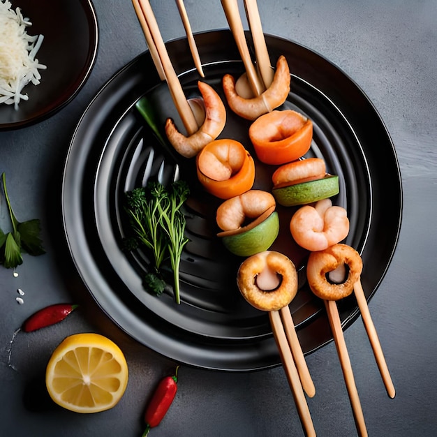 A plate of shrimp skewers with a bowl of rice and a lemon on the side.