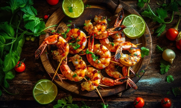 Plate of shrimp skewers with garnishes and limes Generative AI